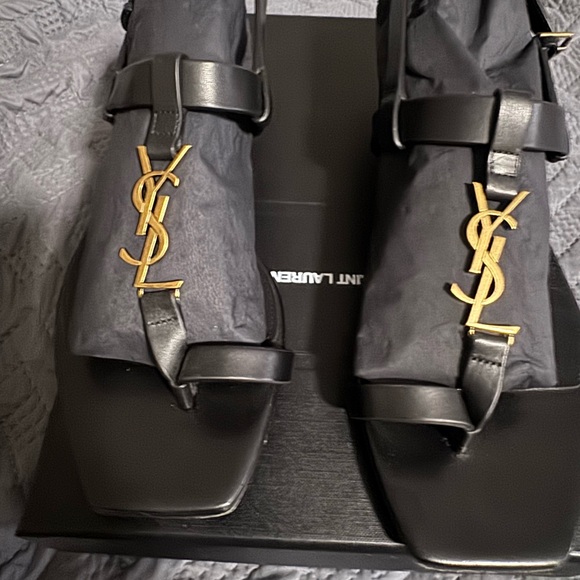 Saint Laurent Black Sandals with Gold Accents - Picture 1 of 10